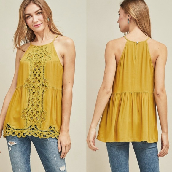 Aluna Levi Tops - Boho Crochet Halter Mustard Top
